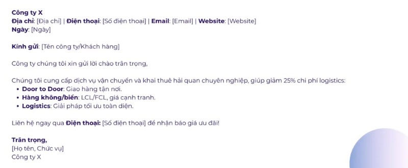 Mẫu thư chào hàng ngành logistics Mẫu thư chào hàng ngành logistics