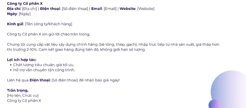 Mẫu thư chào hàng ngành xây dựng Mẫu thư chào hàng ngành xây dựng